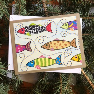 Banc de poissons Folkart Carte de voeux, fabriquée à la main, vierge, carte pour toutes les occasions, carte illustrée, fantaisiste, carte de fête des pères