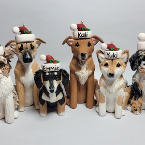 May include: A collection of seven dog figurines, each wearing a Santa hat with a name on it. The dogs are various breeds and colors, including brown, black, white, and tan. The figurines are likely Christmas ornaments.