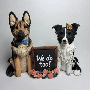 Custom Two Dog Figures Cake Topper with Chalkboard Sign