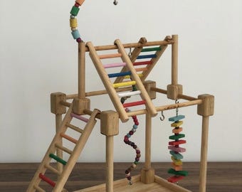 Handmade Wooden Bird Playground – Pine Wood Parrot Play Stand, Budgie Cockatiel Toy