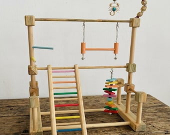 Handmade Wooden Bird Playground – Pine Wood, Water-Based Paint, Budgie Cockatiel Toy