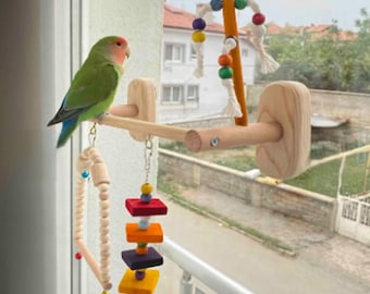 Natural Wood Bird Perch – 4 Suction Cups, Parrot Toy, Budgie Cockatiel Play Stand