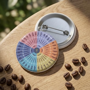 May include: A circular pin-back button featuring a colorful emotion wheel divided into segments labeled with feelings and corresponding Bible verses. The center displays a small gold cross. The back of the button is silver metal with a pin mechanism.