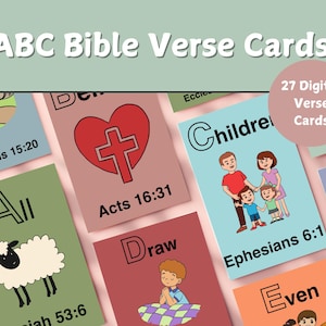 27 Cartões de versículos bíblicos ABC KJV para crianças, cartão de memória de escrituras para impressão, imprimível para escola dominical, versículos bíblicos cristãos, download digital
