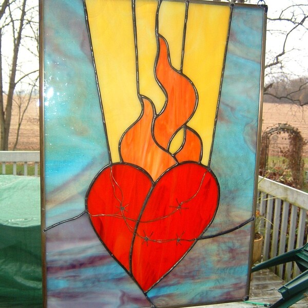 Stained Glass Panel Sacred Heart Original Glass Panel Window Hanging Suncatcher  Religious