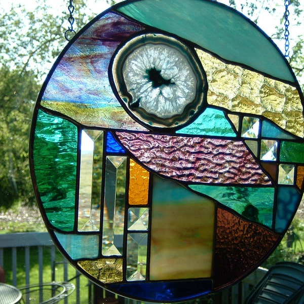 Round Geode Prairie Stained Glass Panel