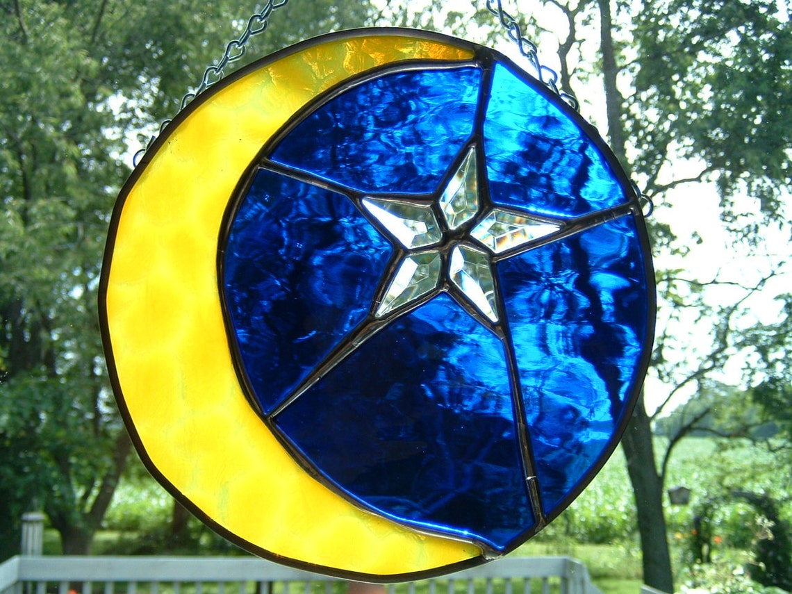 Stained Glass Moon and Bevel Star Suncatcher Panel Etsy