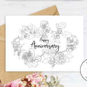 Karta do wydrukowania Happy Anniversary. Ilustrowana ręcznie, czarno-biała, do samodzielnego pobrania.
