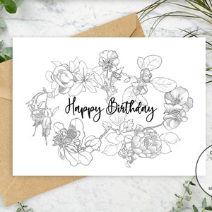 Happy Birthday Karte zum Ausdrucken. Handbebildert, schwarz weiß, DIY direkter Download.