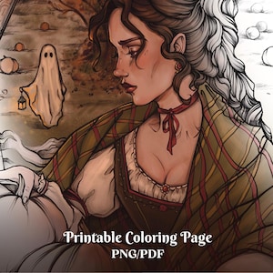 以下が含まれることがあります： チェック柄のショールを着た女性と、背景にランタンを持った幽霊が描かれた、印刷可能な塗り絵。 画像はカボチャと木のある秋をテーマにしています。 テキスト「Printable Coloring Page PNG/PDF」が下にあります。