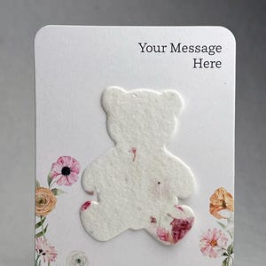 Custom, Personalized Baby Shower Favor - Card 3.5" x 4.875" With Seed Paper Teddy Bear 2" x 2.75" - Choose Print and Paper Color - Set of 8