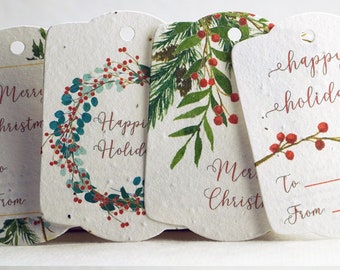 Happiest Holidays Watercolor Art | Wildflower Seed Paper Tags | 3.25" wide by 2.375" tall | Holiday Gift Tags | Set of 8