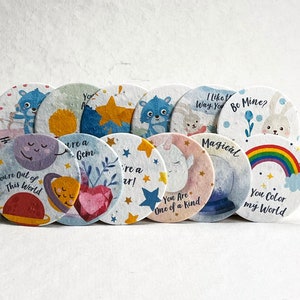 Whimsical Watercolor Children's Valentines - Wildflower Handmade Seed Paper - 2" Circles - Set of 12 - Mixed Set