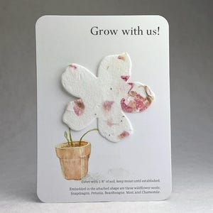 Custom, Personalized Flower Pot Favor - Recycled Card 3.5" x 4.875" With Seed Paper Flower Shape - Choose Paper Color and Message - Set of 8
