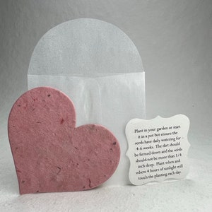 Large Pink Recycled Seed Paper Hearts 68s 2.85"w x 2.5"h with glassine envelope and planting guide set of 24