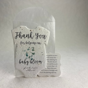 Infant Bodysuit Shape Green Thank You Baby Blooms Seed Paper 3" x 2" Wildflower Cotton Set of 12 with guides and envelopes