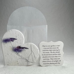 Large Purple Recycled Seed Paper Hearts 58s 2.85"w x 2.5"h with glassine envelope and planting guide set of 24