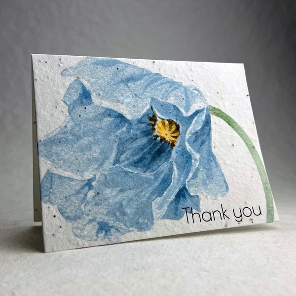 A2 Wildflower Seed Handmade Blank Recycled Blue Poppy Thank You Card set of 3 or 10