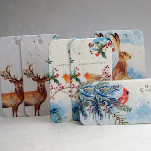 Holiday Woodland Watercolor Tags - Wildflower Seed Paper - 1.5" x 3" - Set of 10 - Your Choice of Image or Mixed Set - Plant Me