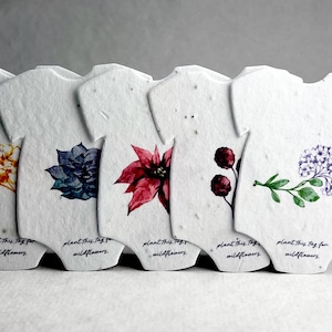 Infant Bodysuit Shape with Floral Art - For Birth Announcement or Baby Shower - Wildflower Seed Paper 3" x 2" - Set of 18