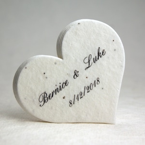 Custom, Personalized Large Seed Paper Hearts Set of 18 - Your names and event date with stock message on back.