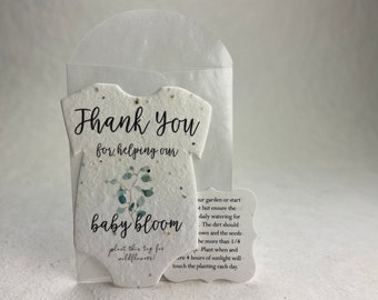 Infant Bodysuit Shape Green Thank You Baby Blooms Seed Paper 3" x 2" Wildflower Cotton Set of 12 with guides and envelopes