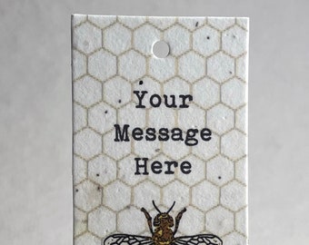 Custom, Personalized | Bee and Honeycomb | Wildflower Seed Paper | 3" by 2" | Gift Tags | Set of 16 with Planting Guide