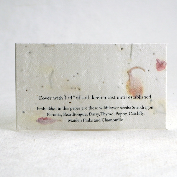 Seed Paper Seating Card - Set of 8 with printed instructions - Pink Flower Petal #24s and wildflower seeds 3.5" x 2"
