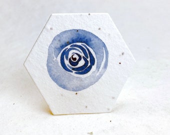 Hexagon Seed Paper Tags | Blue Flower Watercolor Art | 2" | Wildflower Seeds | Plant Me! on reverse | Set of 24