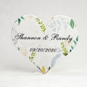 Custom, Personalized Large Seed Paper Hearts Set of 18 - Your names and event date with planting guide on back.