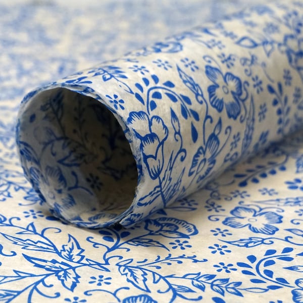 Handmade Wrapping Paper Gift Wrap 3 or 10 sheets Blue Garden flower print 20 x 30 inch