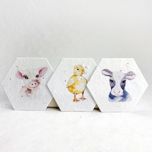 Hexagon Seed Paper Tags | Farm Animal Watercolor Art | 2" | Wildflower Seeds | Plant Me! on reverse | Set of 24