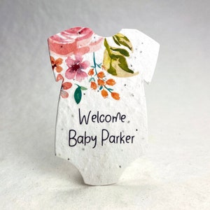 Custom, Personalized Infant Bodysuit Shape - Welcome Baby - Birth Announcement or Baby Shower - Wildflower Seed Paper 3" x 2"  - Set of 18