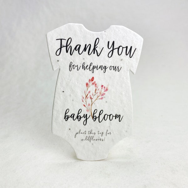 Infant Bodysuit Shape Thank You Baby Blooms Seed Paper 3" x 2" Wildflower Cotton #10s for Baby Showers set of 12