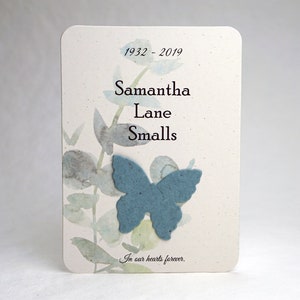 Custom Memorial Card with Seed Paper Heart or Butterfly Personalized Watercolor Floral set of 8