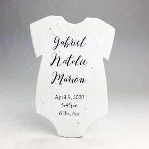 Custom, Personalized Infant Bodysuit Shape - Birth Announcement - Wildflower Seed Paper 3" x 2"  - Set of 18