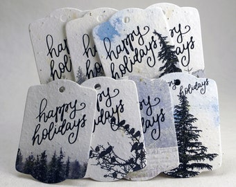 Seed Paper Gift Tags | Happy Holidays Northwest Trees | 3.25" by 2.375" | Mixed Set of 8 | Planting Instructions/To-From on Reverse