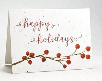 Watercolor Happy Holidays Berries Print - Wildflower Seed Paper Handmade Blank Recycled Card - set of 3 or 10