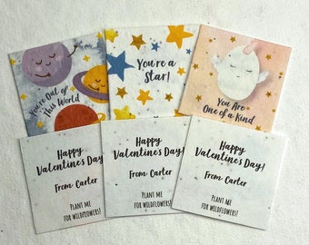 Custom, Personalized - Watercolor Children's Valentines - Wildflower Handmade Seed Paper - 2" Squares - Set of 12 - Mixed Set