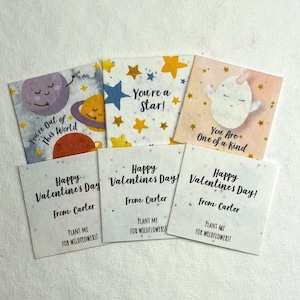 Custom, Personalized - Watercolor Children's Valentines - Wildflower Handmade Seed Paper - 2" Squares Set of 12 Choice of Print or Mixed Set