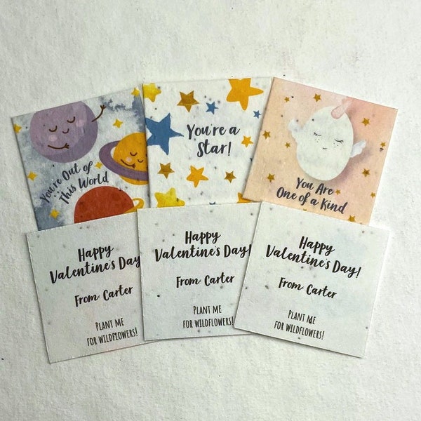 Custom, Personalized - Watercolor Children's Valentines - Wildflower Handmade Seed Paper - 2" Squares - Set of 12 - Mixed Set