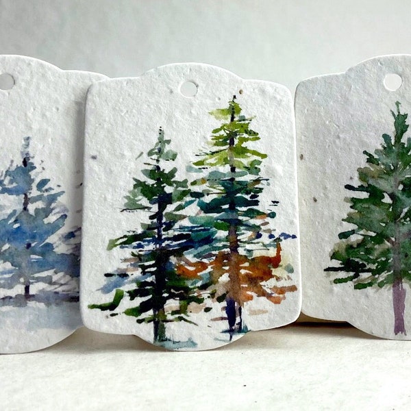 Watercolor Tree Art | Wildflower Seed Paper Tags | 3.25" wide by 2.375" tall | Holiday Gift Tags | Set of 8