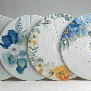 Seed Paper Wine Glass Tag - Gift Tag - Handmade Paper - Wildflower Seeds - 3" diameter - Watercolor Florals - Blue and Orange - set of 12