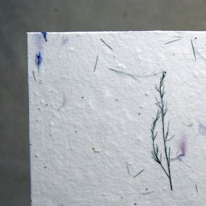 May include: A white card with a delicate floral design. The card is made of recycled paper with embedded flower petals and stems. The card is blank and ready for writing.