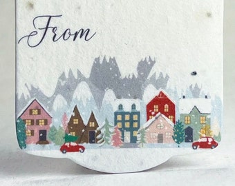 Snow Town Watercolor | Wildflower Seed Paper Tags | 3.25" wide by 2.375" tall | Holiday Gift Tags | Set of 8