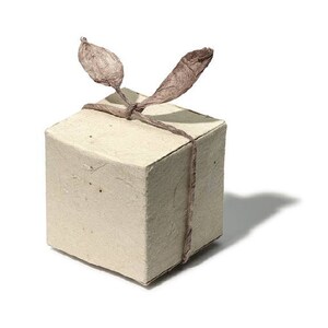 May include: A square box made of off-white, textured paper material. The box is tied with a thin, brown, fibrous string that forms a knot with two upright, leaf-like loops on the top surface, creating a simple and natural appearance.