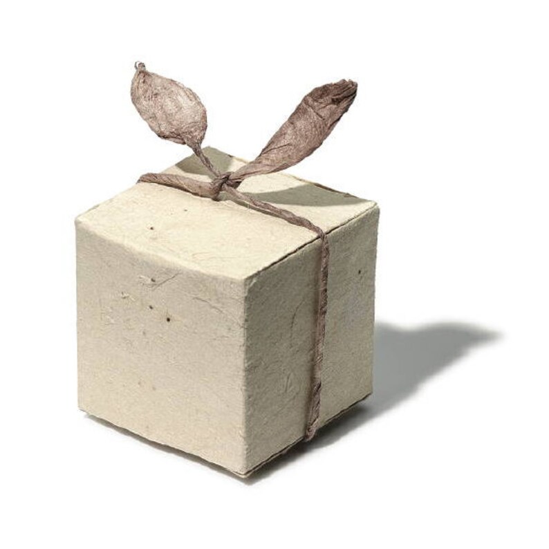 May include: A square box made of off-white, textured paper material. The box is tied with a thin, brown, fibrous string that forms a knot with two upright, leaf-like loops on the top surface, creating a simple and natural appearance.