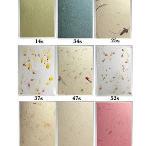 May include: Nine samples of handmade paper with different textures and colors, including green, blue, white, yellow, and pink. Each sample is labeled with a time in seconds, ranging from 14s to 68s.