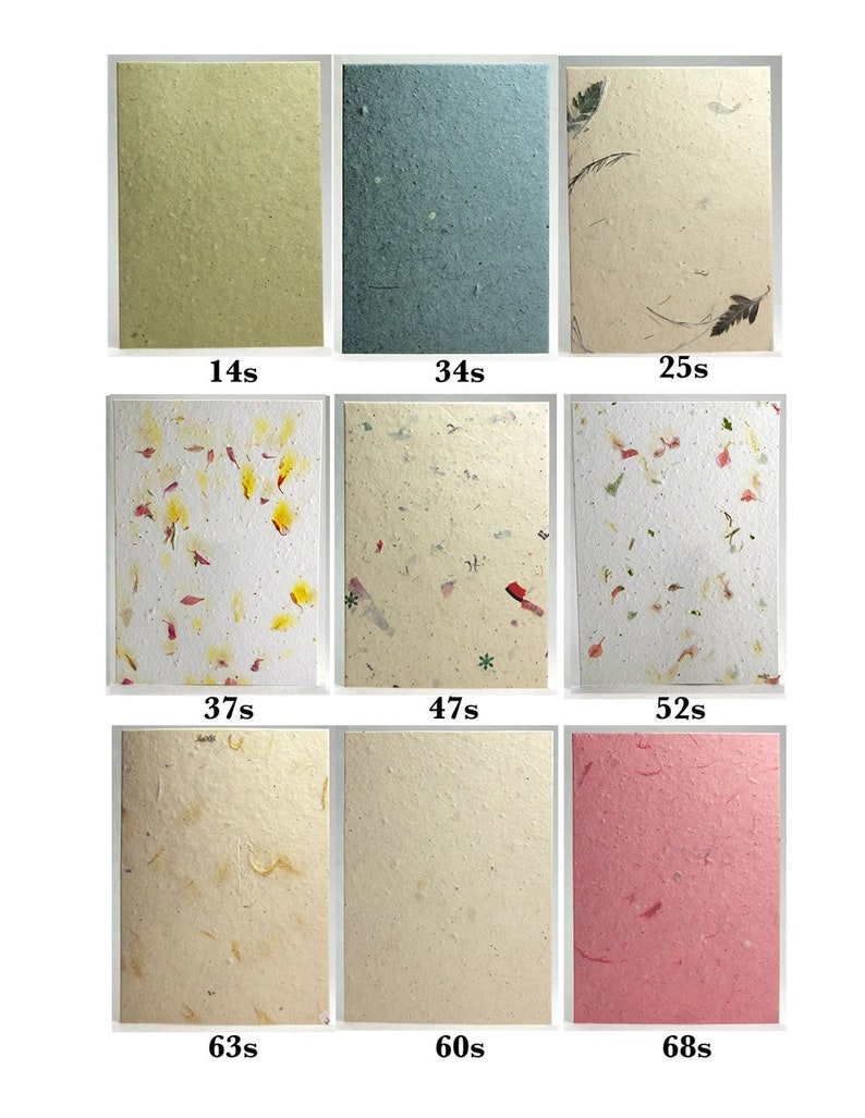 May include: Nine samples of handmade paper with different textures and colors, including green, blue, white, yellow, and pink. Each sample is labeled with a time in seconds, ranging from 14s to 68s.