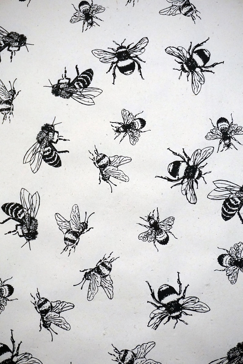 May include: A white background with a repeating pattern of black bees. The bees are drawn in a simple, stylized manner.
